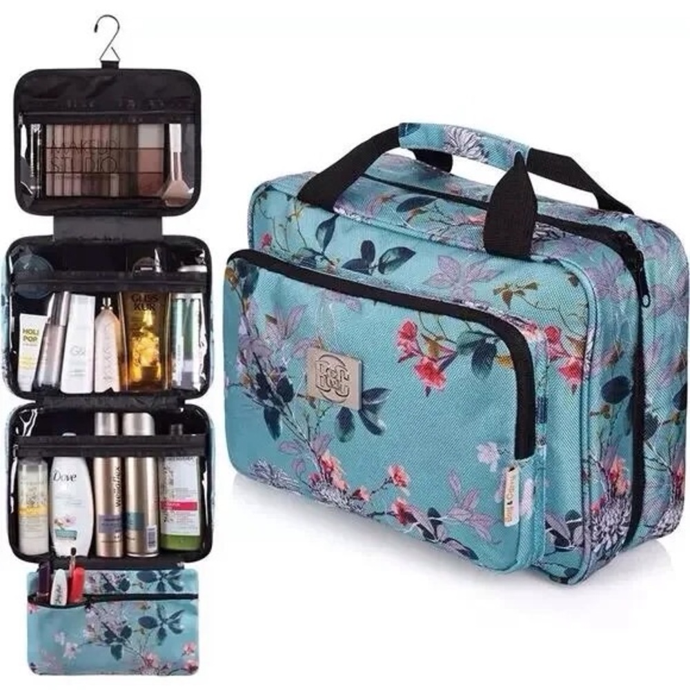 BANG & Carlsen 🐈 NWT Blue Floral Toiletry Travel Bag Zipper Compartments - Picture 1 of 2